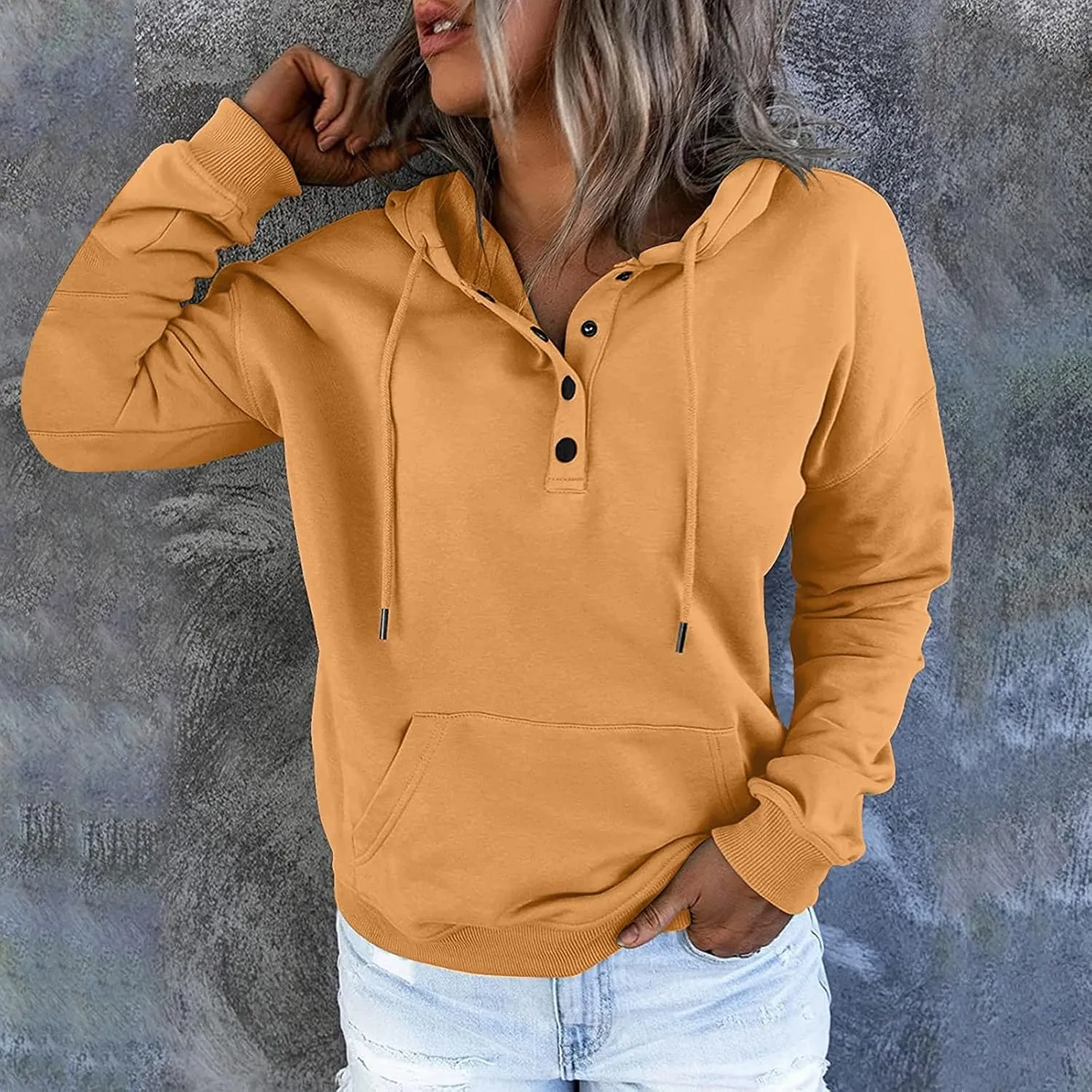 Womens Hoodies Pullover Casual Long Sleeve Button Down Drawstring Hooded Sweatshirts with Pocket Trendy Fall Shirts
