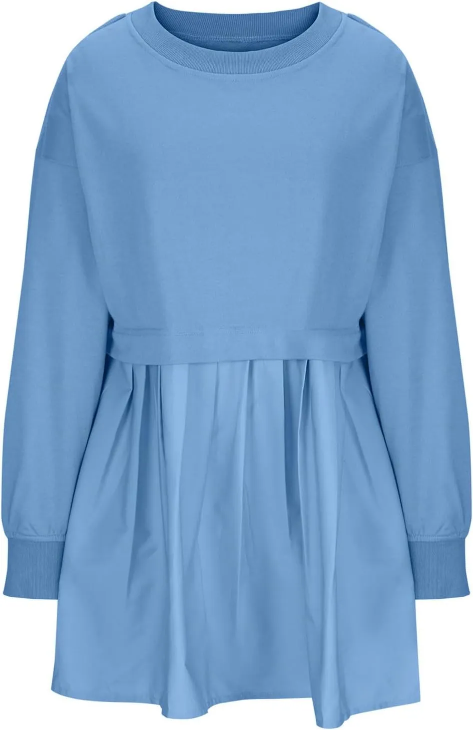 Womens Mini Sweatshirt Dress Oversized Patchwork Color Block Pleated Dresses Long Sleeve Crewneck Pullover Tops