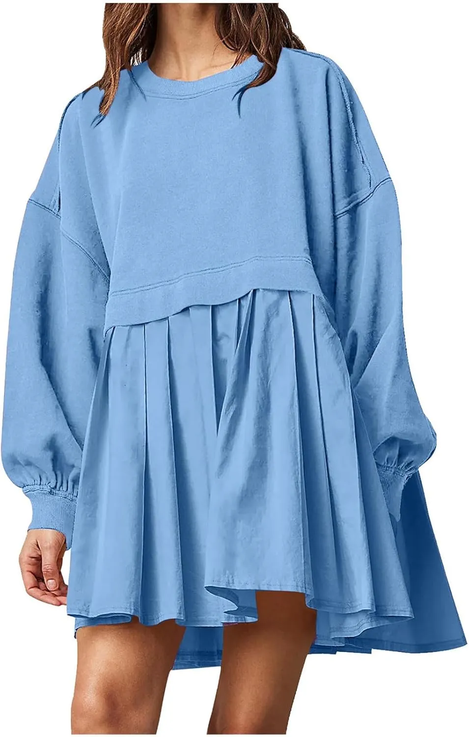 Womens Mini Sweatshirt Dress Oversized Patchwork Color Block Pleated Dresses Long Sleeve Crewneck Pullover Tops