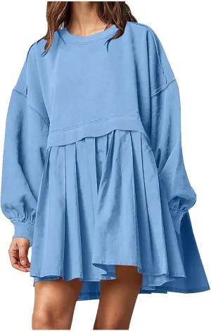 Womens Mini Sweatshirt Dress Oversized Patchwork Color Block Pleated Dresses Long Sleeve Crewneck Pullover Tops