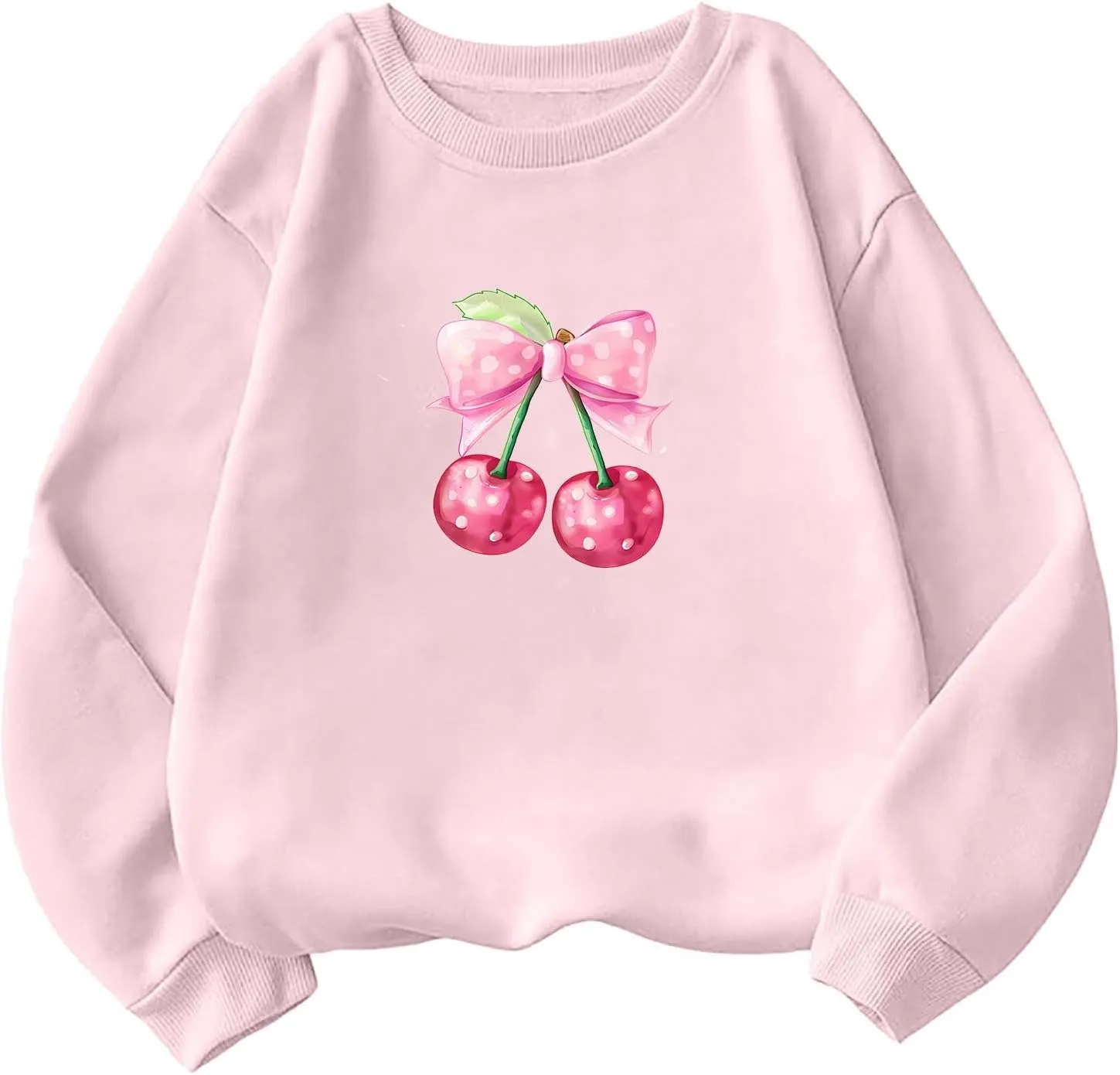 Womens Oversized Sweatshirts Casual Crewneck Long Sleeve Shirts Bow Cherry Printed Outfits Fall Comfy Clothes