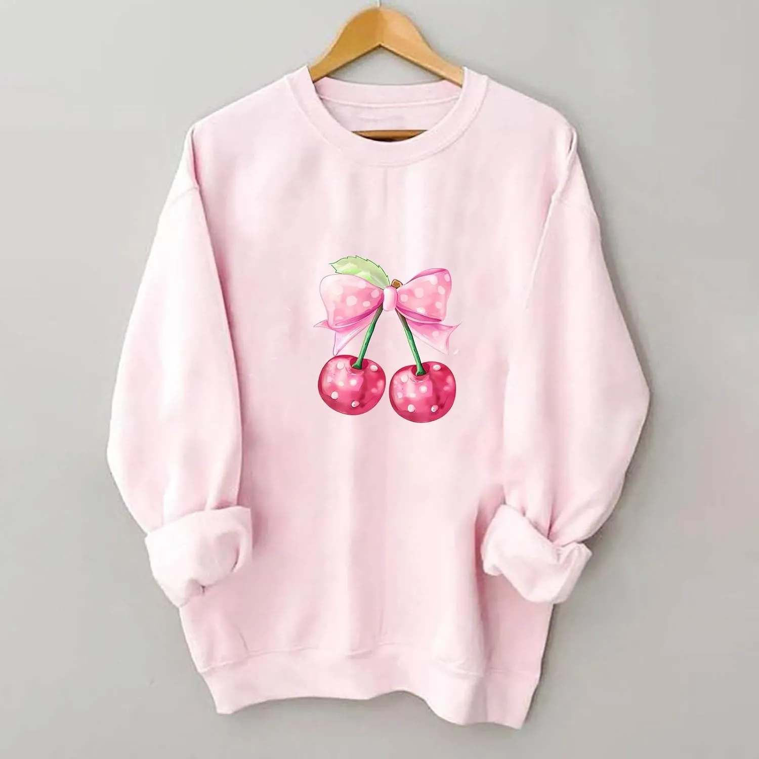 Womens Oversized Sweatshirts Casual Crewneck Long Sleeve Shirts Bow Cherry Printed Outfits Fall Comfy Clothes