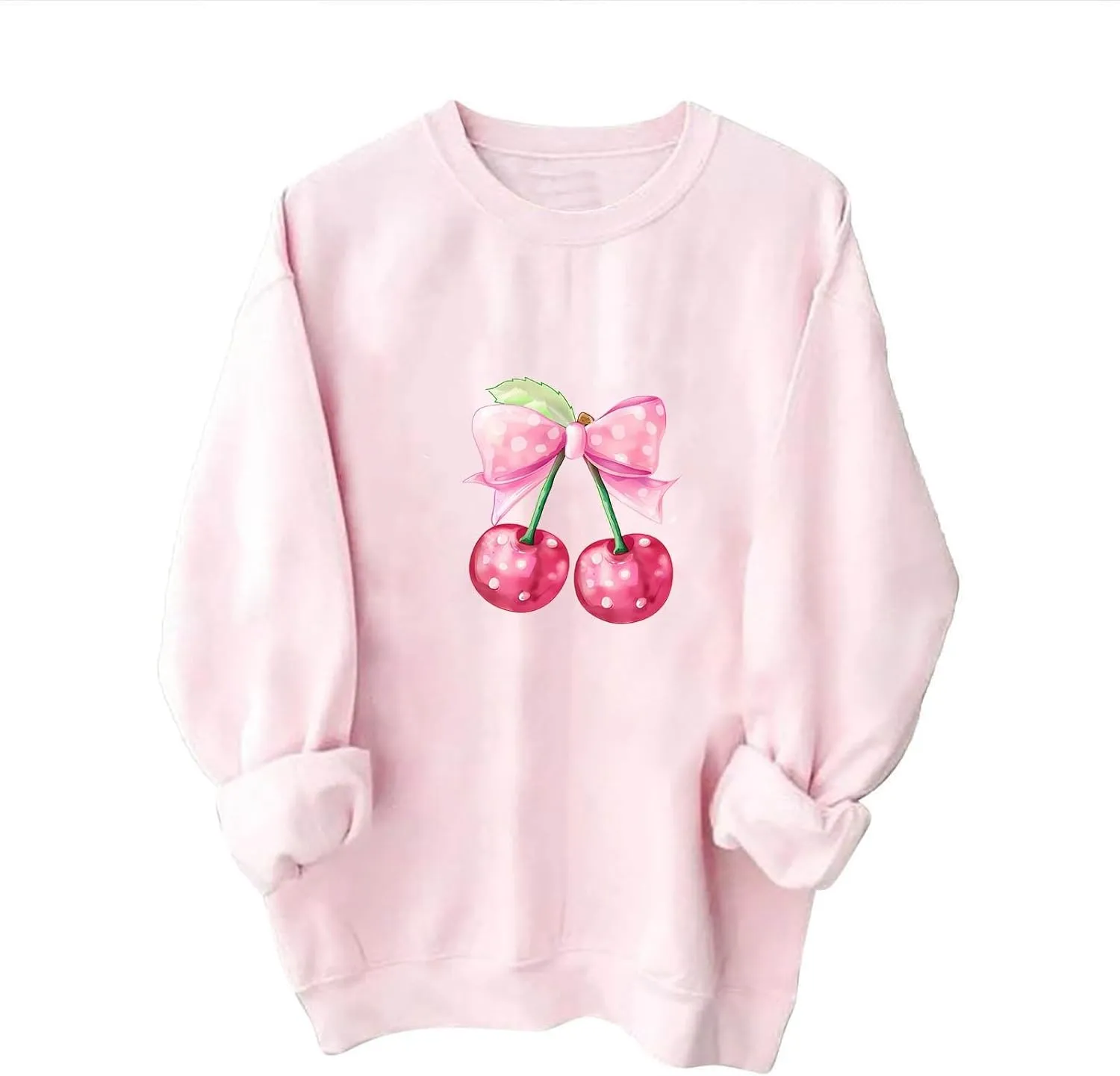 Womens Oversized Sweatshirts Casual Crewneck Long Sleeve Shirts Bow Cherry Printed Outfits Fall Comfy Clothes