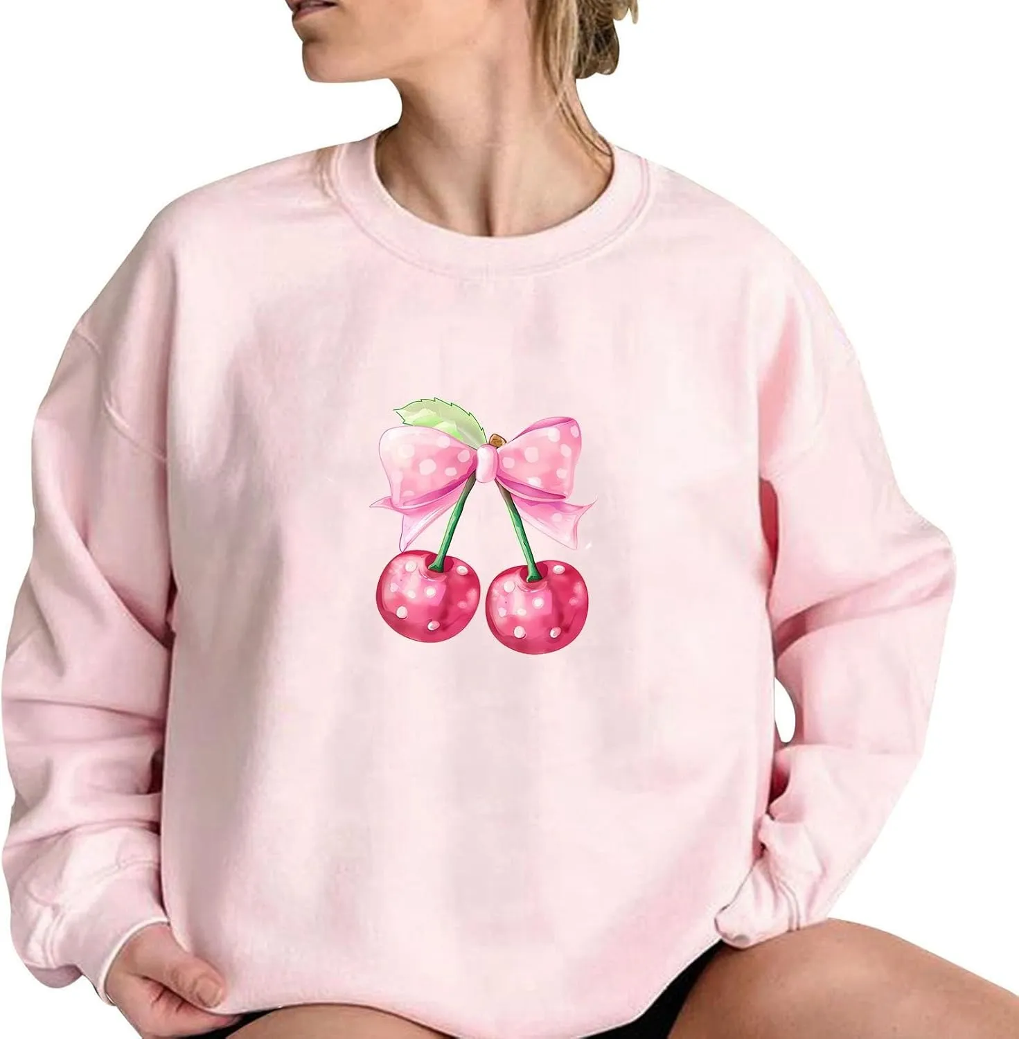 Womens Oversized Sweatshirts Casual Crewneck Long Sleeve Shirts Bow Cherry Printed Outfits Fall Comfy Clothes